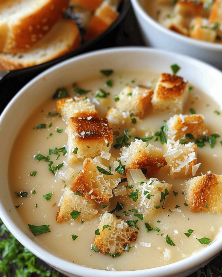 Creamy Garlic Bread Delight Soup With Crispy Croutons Recipe