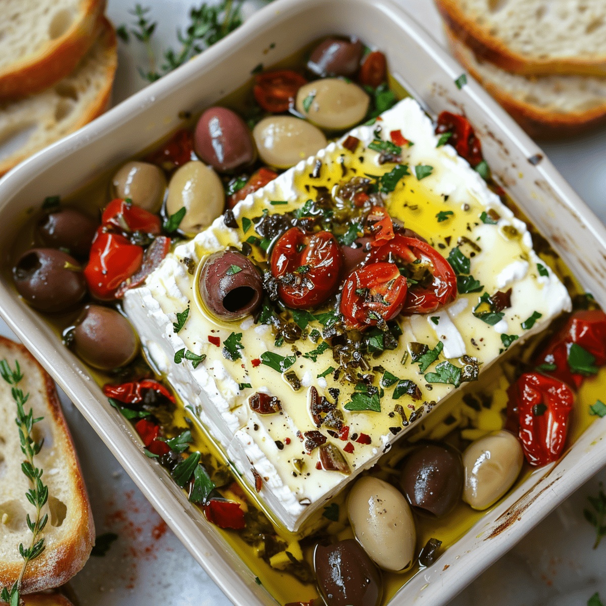 Rustic Baked Feta With Olives & Sun-Dried Tomatoes Recipe