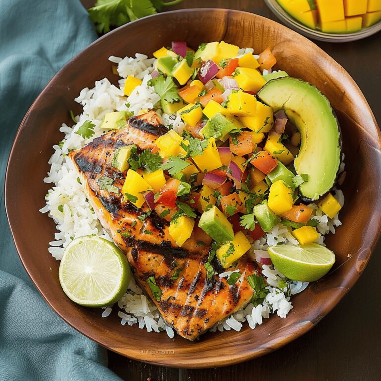 Vibrant Grilled Lime Salmon With Avocado-Mango Salsa And Coconut Rice Recipe