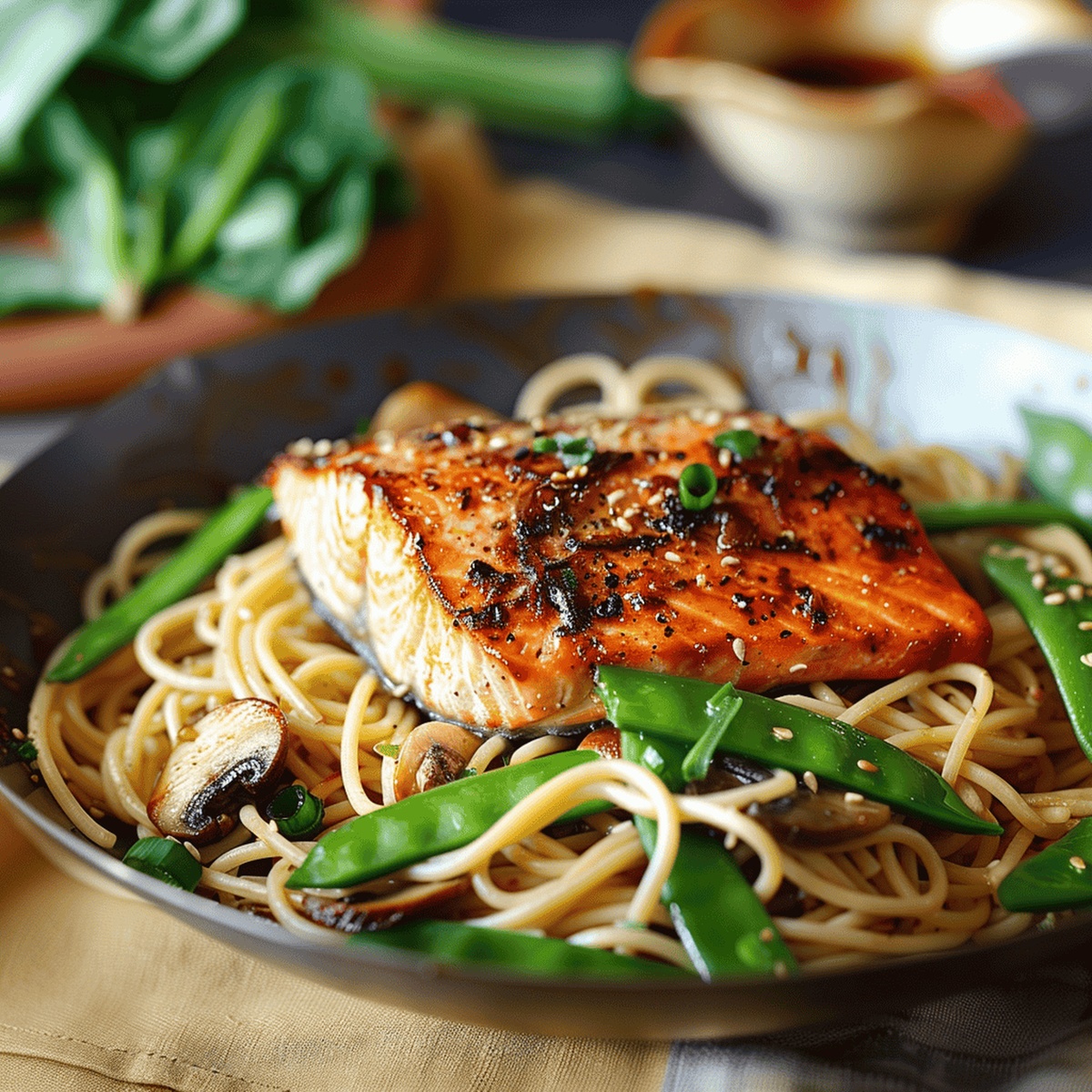 Silky Asian Honey-Sesame Salmon Noodles Recipe