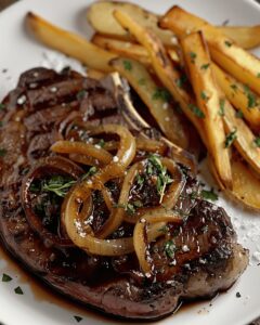 Mouthwatering Ribeye Steak With Caramelized Onions And Crispy Fries Recipe
